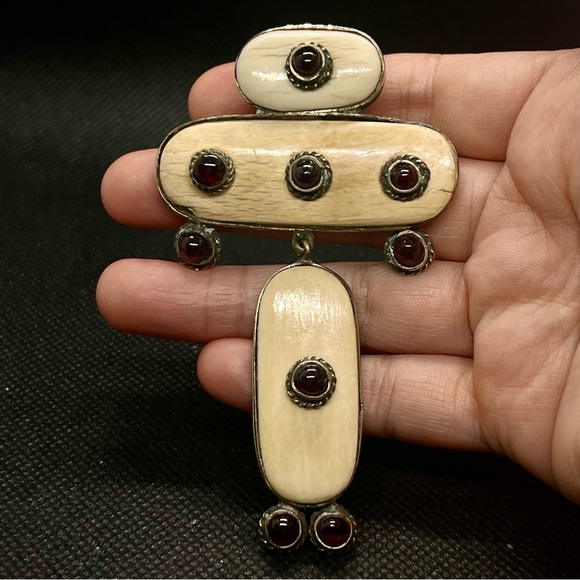 Antique Bakelite? Bone? &‎ Garnet Large Brooch Pin 3.5” RARE